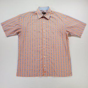 Johnston Murphy Shirt Men Medium Orange Blue Check Regular Fit Casual Button Up